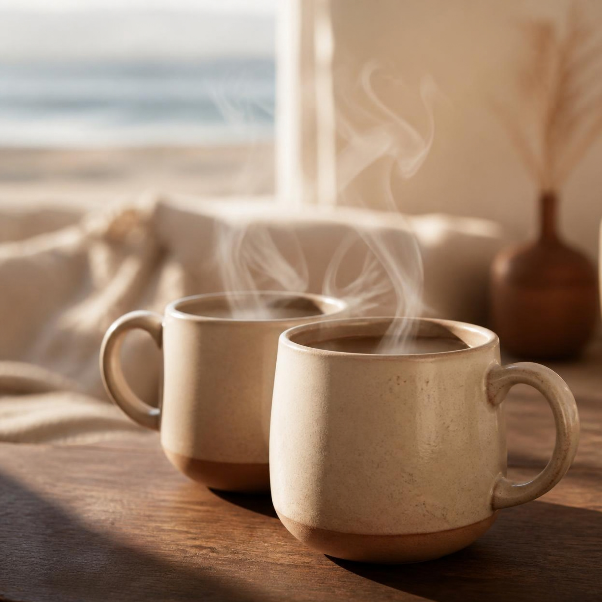 Two steaming ceramic mugs together on a sunlit table by the sea